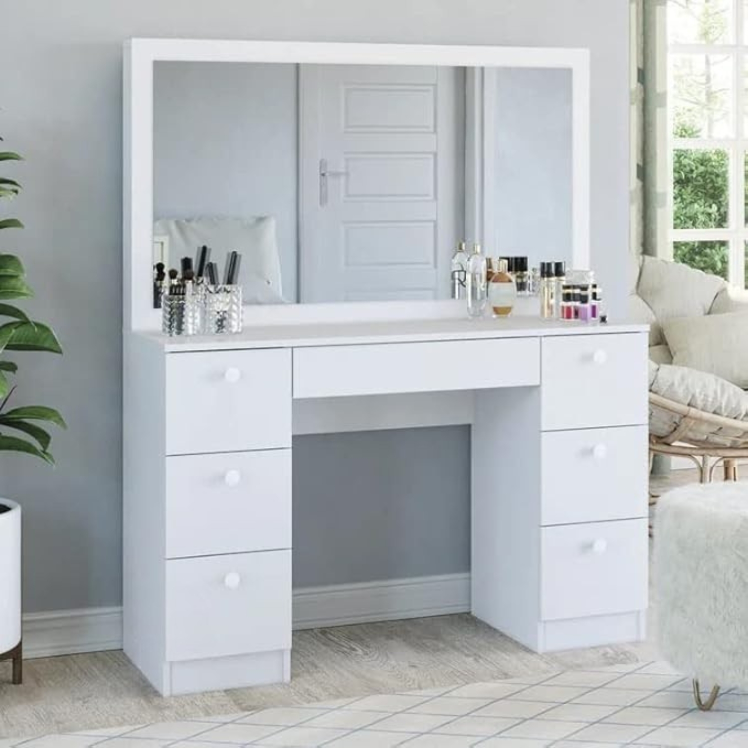Aurora White Dressing Table with Mirror 7 Drawers